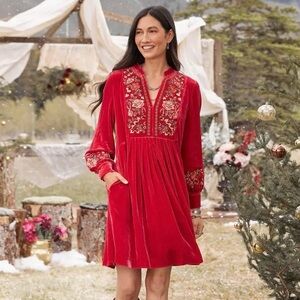 Sundance Bianca Red Velvet Floral Embroidered V-Neck Tunic Dress, Women's XS